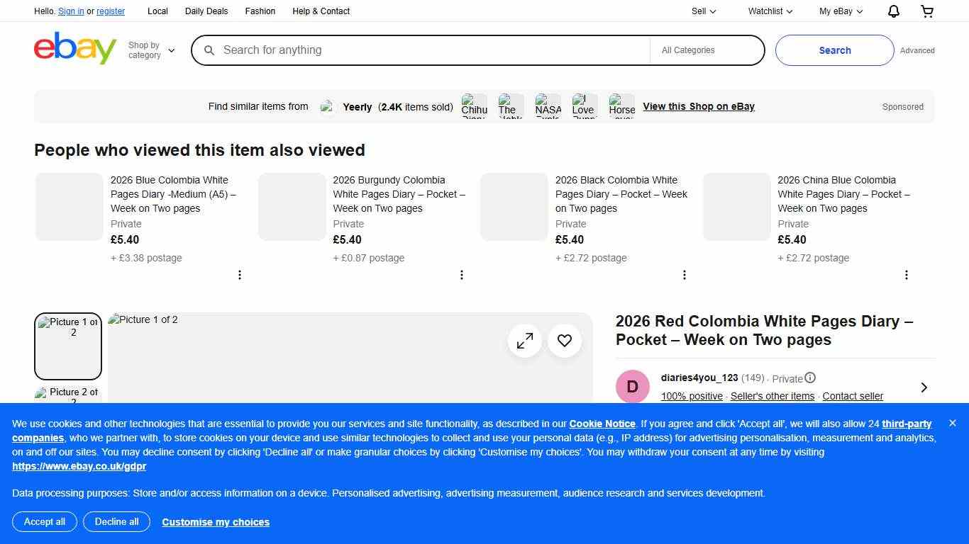 2026 Red Colombia White Pages Diary – Pocket – Week on Two pages | eBay UK