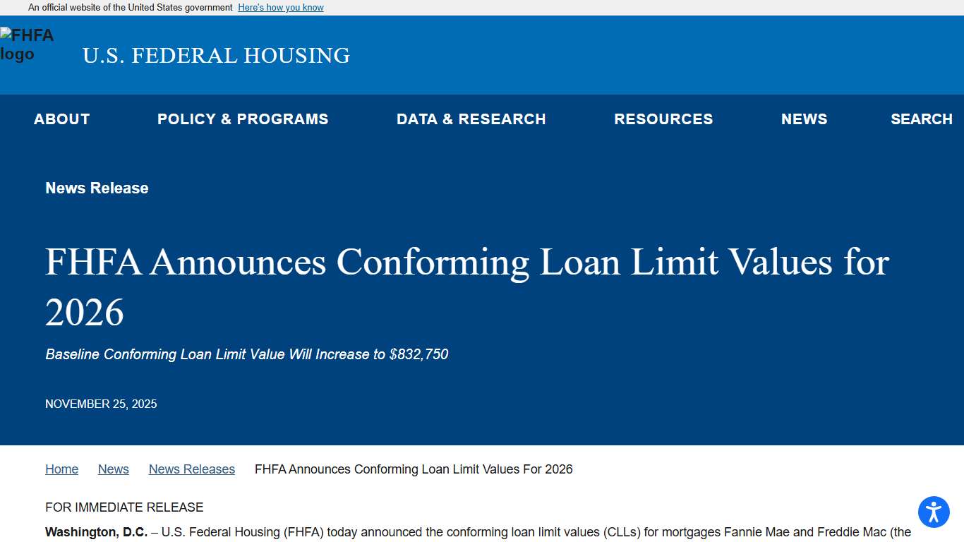 FHFA Announces Conforming Loan Limit Values for 2026 | FHFA