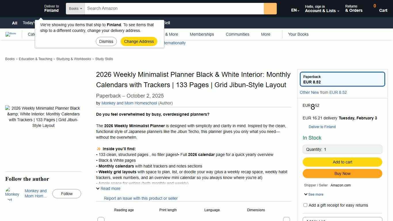 2026 Weekly Minimalist Planner Black & White Interior: Monthly Calendars with Trackers | 133 Pages | Grid Jibun-Style Layout: Homeschool, Monkey and Mom: Amazon.com: Books
